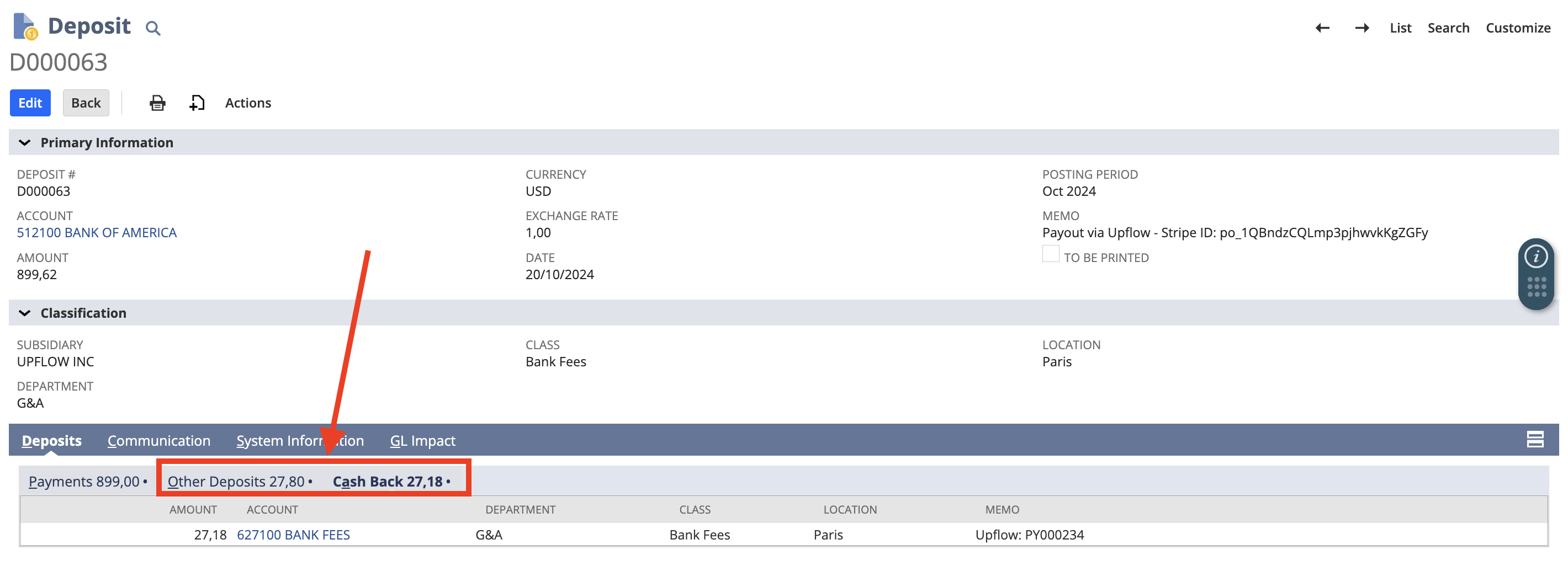 Upflow - NetSuite Processing Fees in the Deposit.png